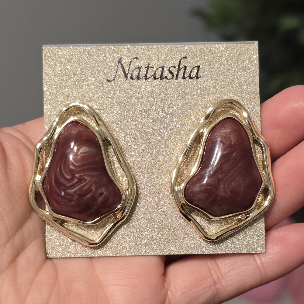 Natasha Couture Gold and Maroon Sculpted Resin Earrings